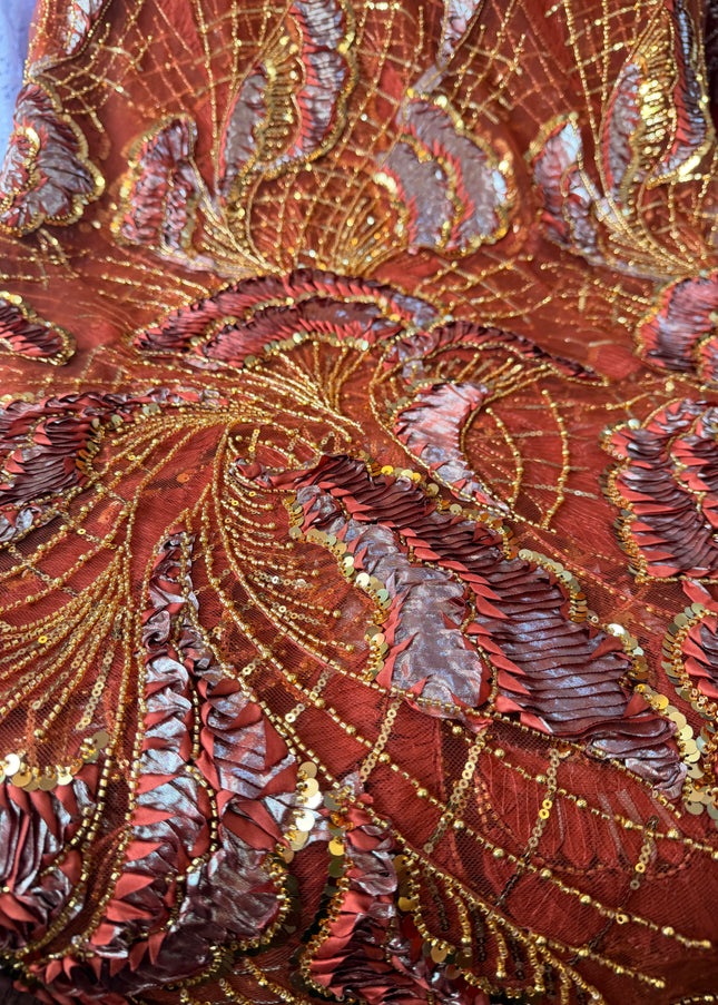 Heavy Fluffy Burnt Orange with Gold Beaded Lace