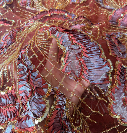 Heavy Fluffy Burnt Orange with Gold Beaded Lace