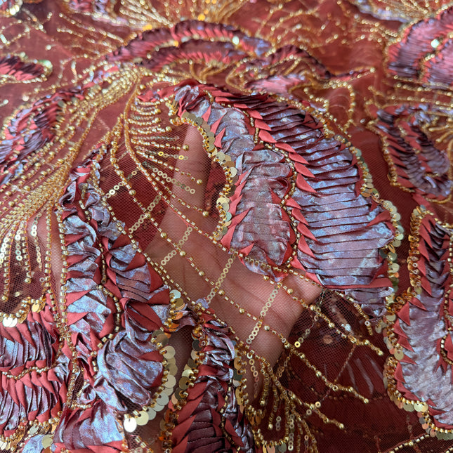 Heavy Fluffy Burnt Orange with Gold Beaded Lace