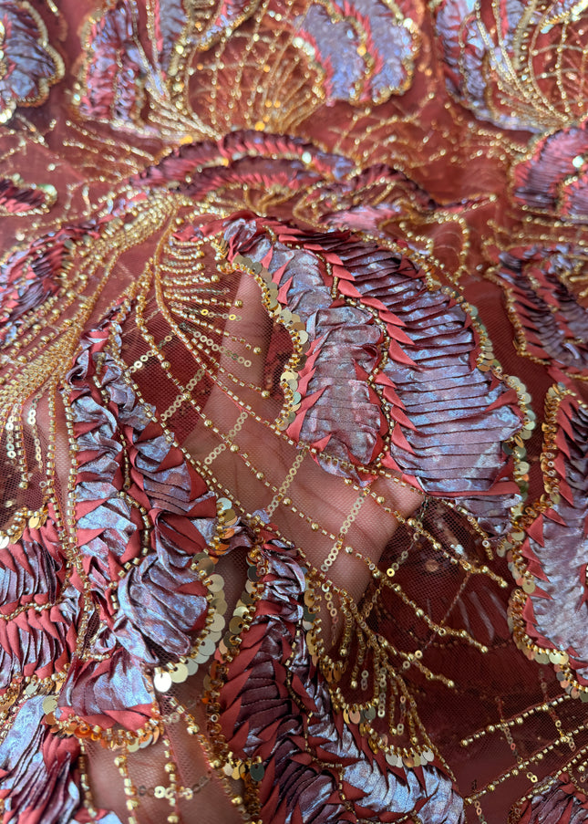 Heavy Fluffy Burnt Orange with Gold Beaded Lace