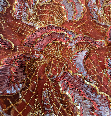 Heavy Fluffy Burnt Orange with Gold Beaded Lace