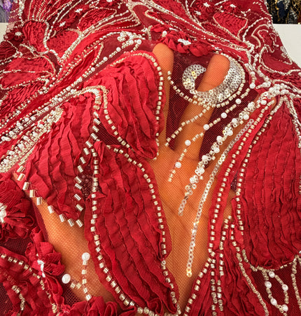 Heavy Fluffy Maroon Beaded Lace