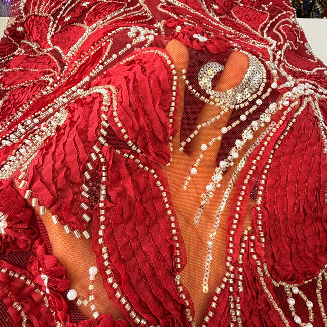 Heavy Fluffy Maroon Beaded Lace