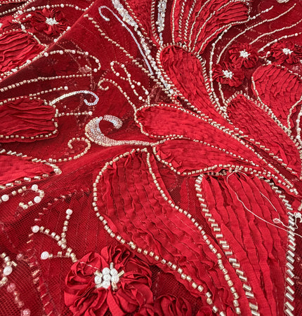Heavy Fluffy Maroon Beaded Lace