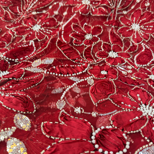 Heavy Fluffy Maroon Beaded Lace
