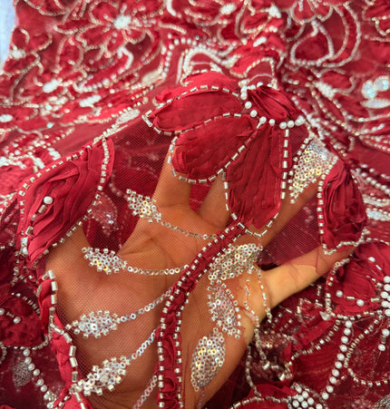 Heavy Fluffy Maroon Beaded Lace