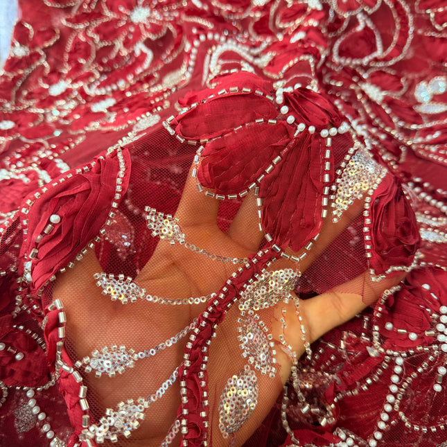 Heavy Fluffy Maroon Beaded Lace