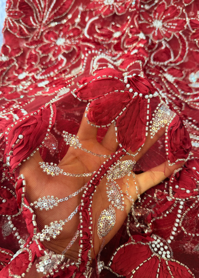 Heavy Fluffy Maroon Beaded Lace