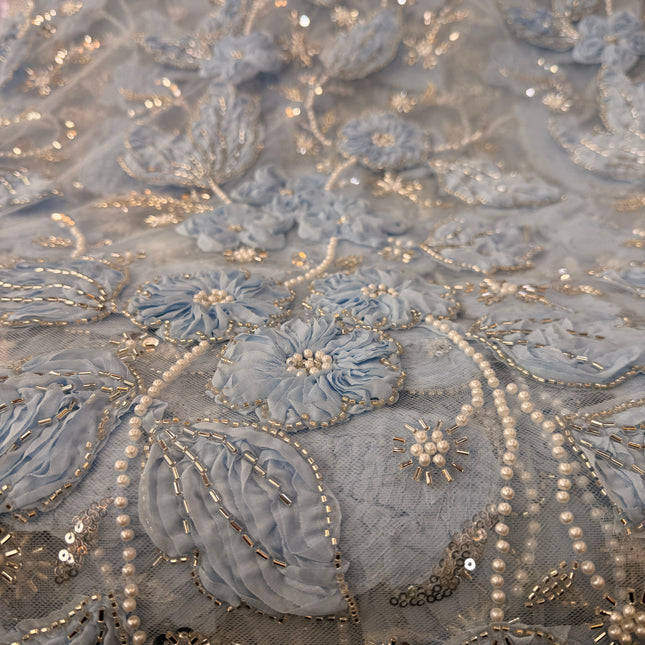 Heavy Fluffy Light Blue Beaded Lace
