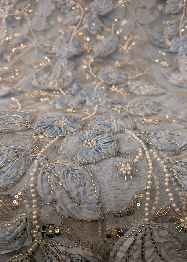 Heavy Fluffy Light Blue Beaded Lace