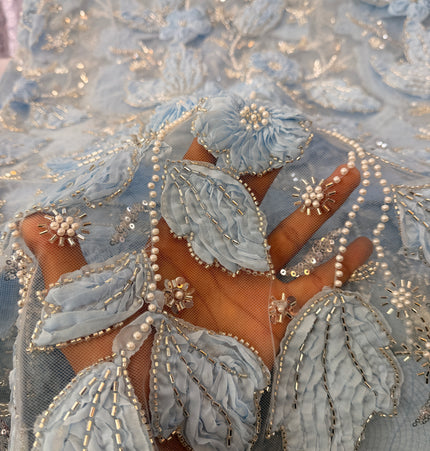 Heavy Fluffy Light Blue Beaded Lace