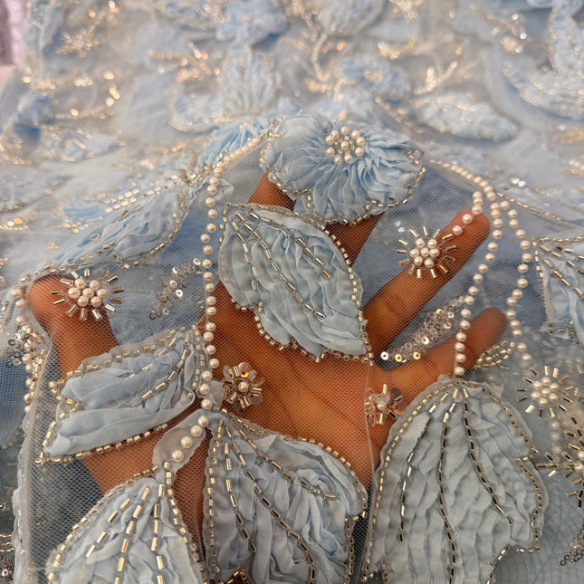 Heavy Fluffy Light Blue Beaded Lace