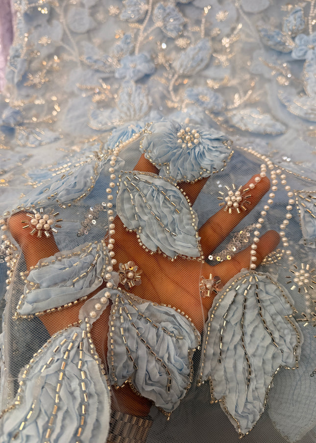Heavy Fluffy Light Blue Beaded Lace