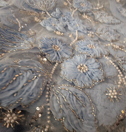Heavy Fluffy Light Blue Beaded Lace