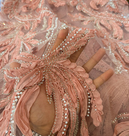 Heavy Fluffy Pastel Peach Beaded Lace