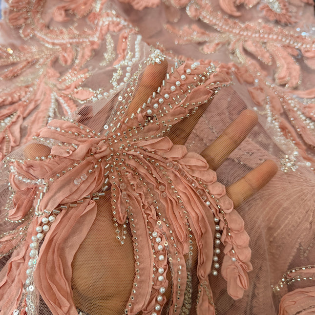 Heavy Fluffy Pastel Peach Beaded Lace