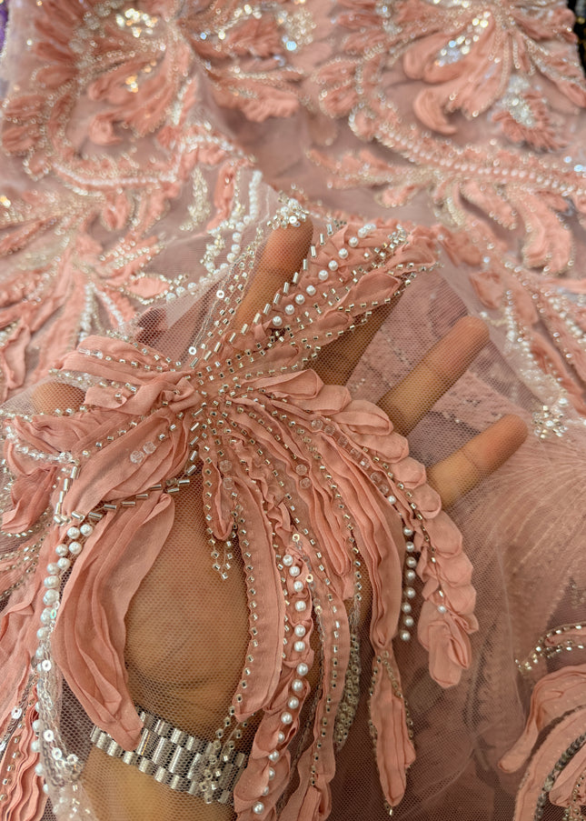 Heavy Fluffy Pastel Peach Beaded Lace