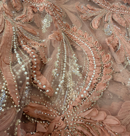 Heavy Fluffy Pastel Peach Beaded Lace