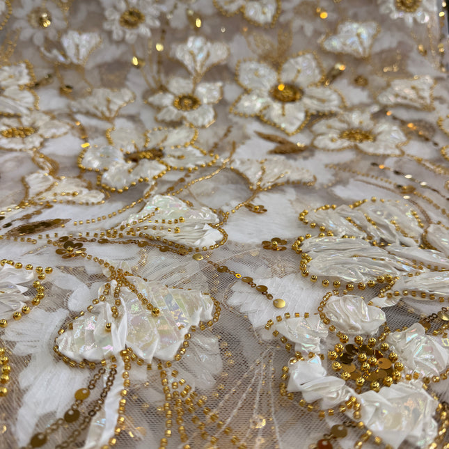 Heavy Fluffy White With Gold Beaded Lace