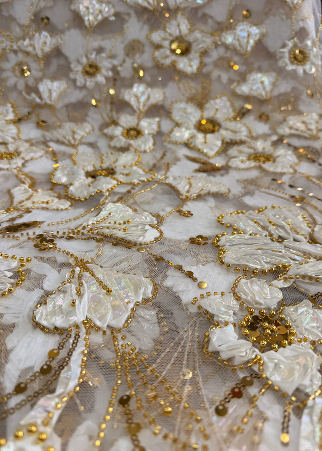 Heavy Fluffy White With Gold Beaded Lace