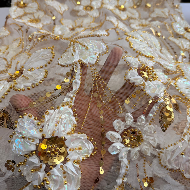Heavy Fluffy White With Gold Beaded Lace