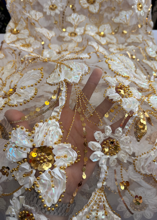Heavy Fluffy White With Gold Beaded Lace