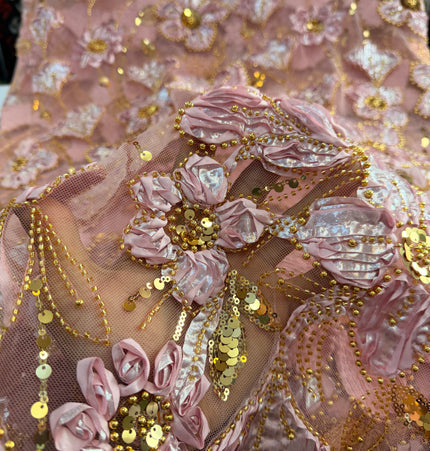 Heavy Fluffy Light Pink With Gold Beaded Lace