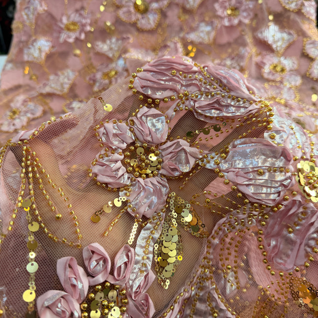 Heavy Fluffy Light Pink With Gold Beaded Lace