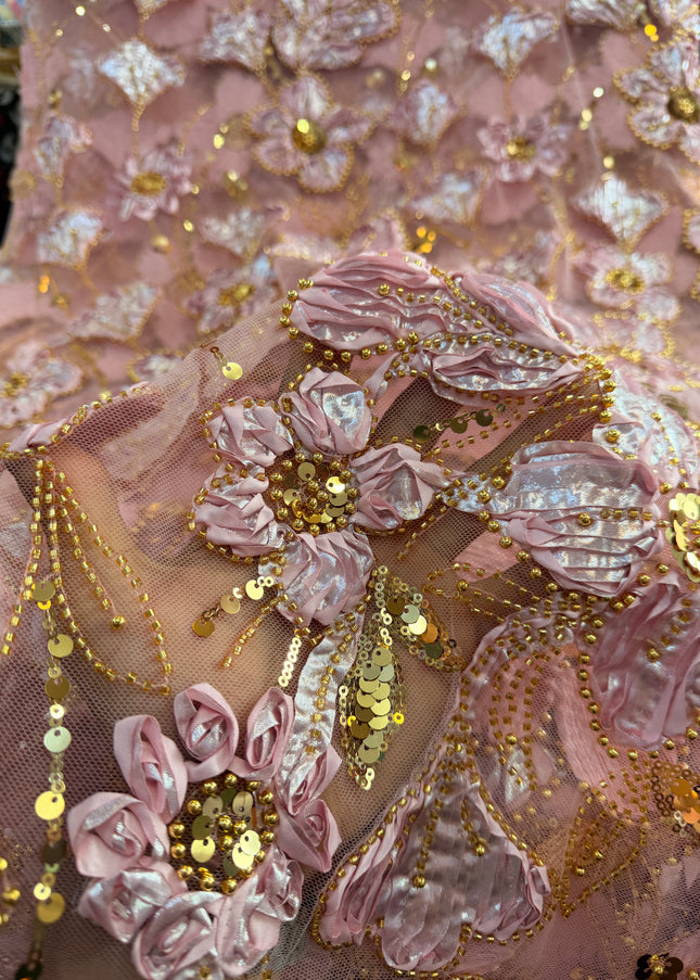 Heavy Fluffy Light Pink With Gold Beaded Lace