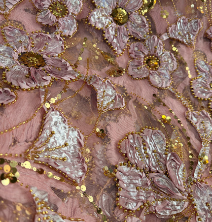 Heavy Fluffy Light Pink With Gold Beaded Lace