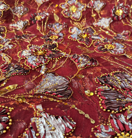 Heavy Fluffy Maroon With Gold Beaded Lace