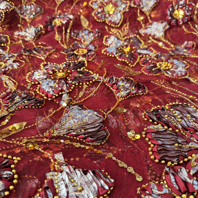 Heavy Fluffy Maroon With Gold Beaded Lace