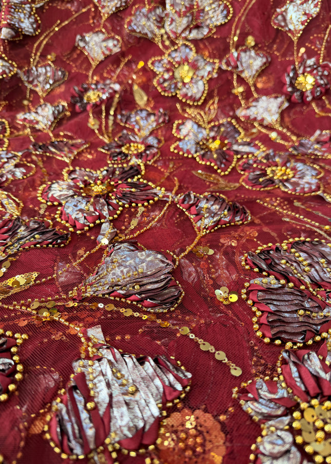 Heavy Fluffy Maroon With Gold Beaded Lace