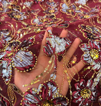 Heavy Fluffy Maroon With Gold Beaded Lace