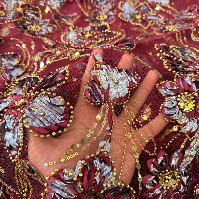 Heavy Fluffy Maroon With Gold Beaded Lace