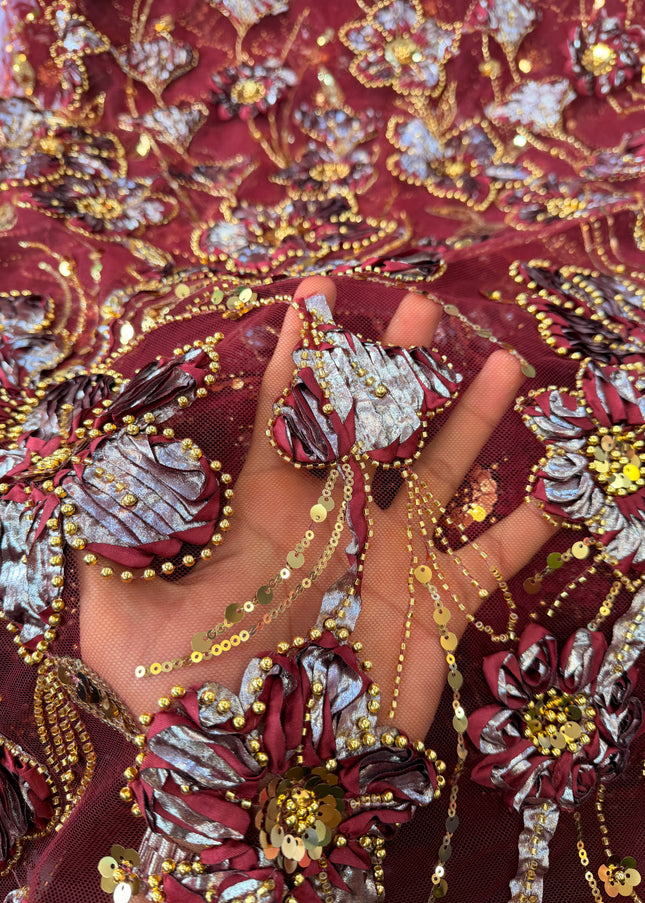 Heavy Fluffy Maroon With Gold Beaded Lace