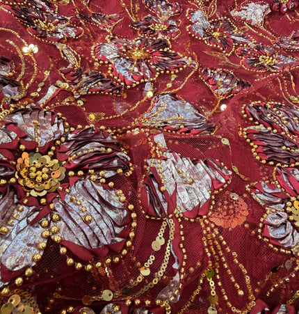 Heavy Fluffy Maroon With Gold Beaded Lace