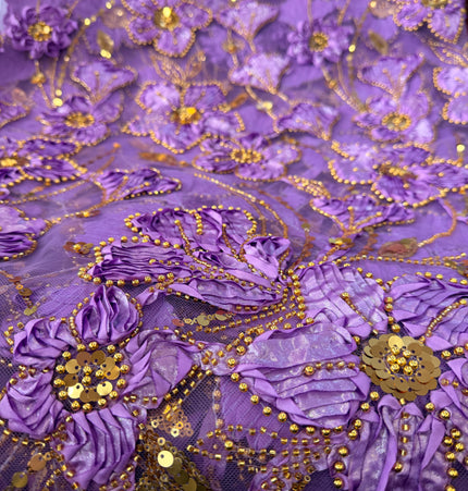 Heavy Fluffy Purple With Gold Beaded Lace