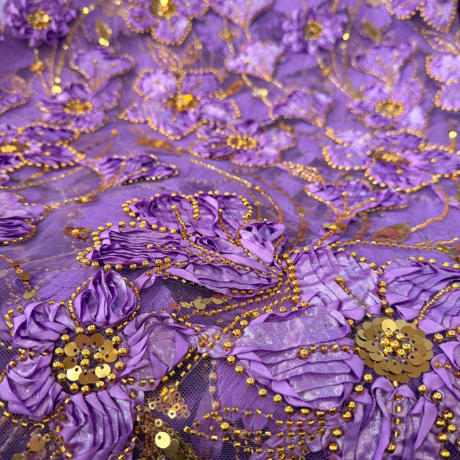 Heavy Fluffy Purple With Gold Beaded Lace