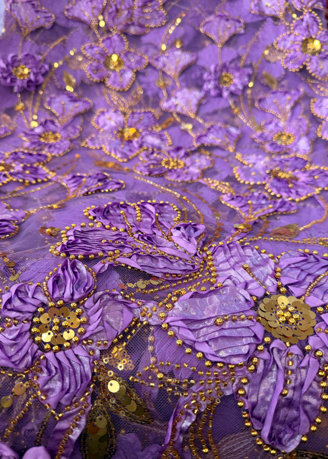 Heavy Fluffy Purple With Gold Beaded Lace