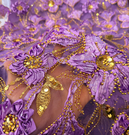 Heavy Fluffy Purple With Gold Beaded Lace