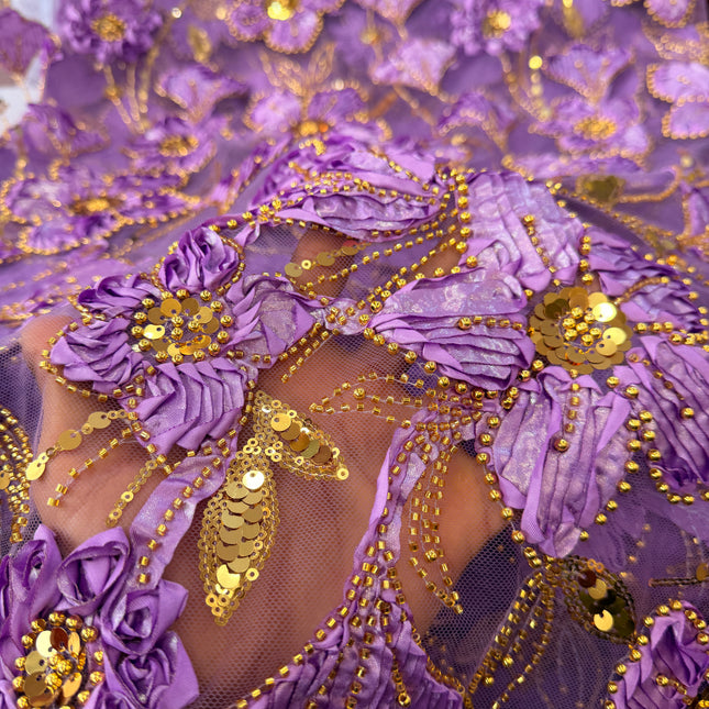 Heavy Fluffy Purple With Gold Beaded Lace