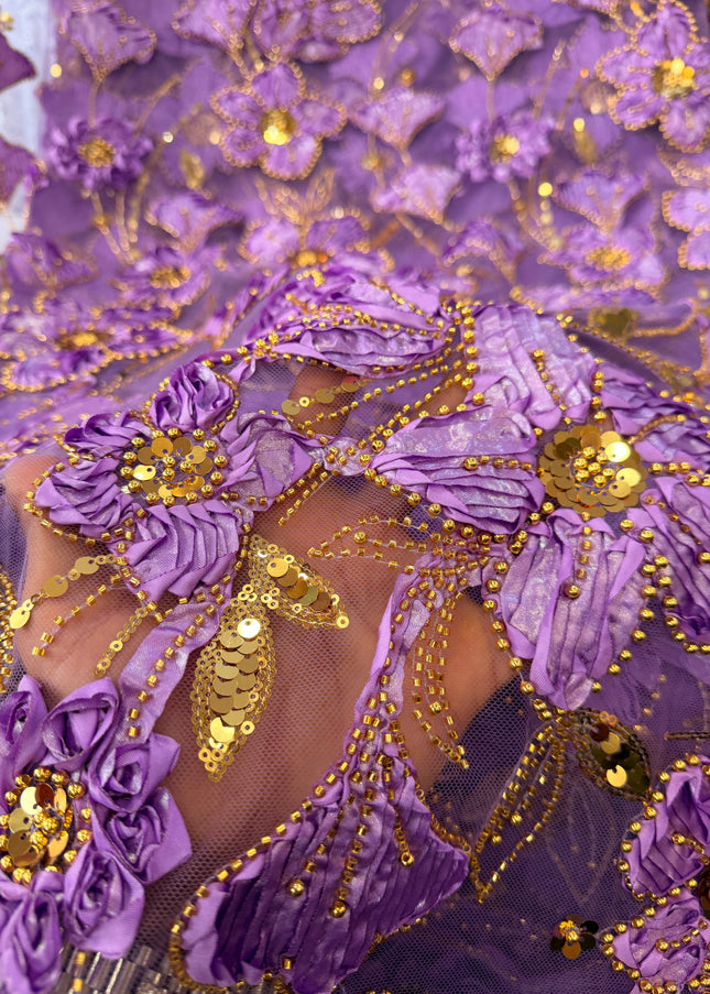 Heavy Fluffy Purple With Gold Beaded Lace
