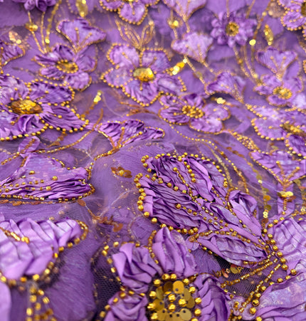 Heavy Fluffy Purple With Gold Beaded Lace