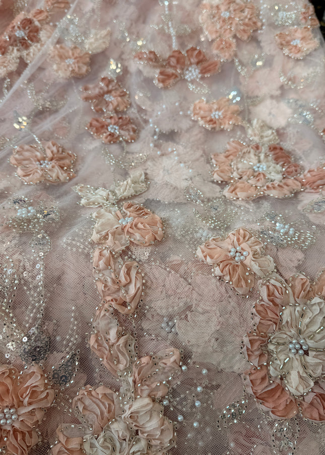 Heavy Fluffy Light Peach Beaded Lace