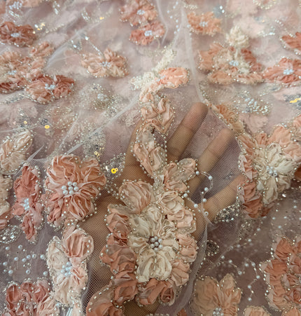 Heavy Fluffy Light Peach Beaded Lace