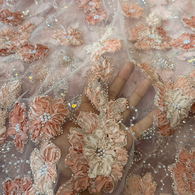 Heavy Fluffy Light Peach Beaded Lace