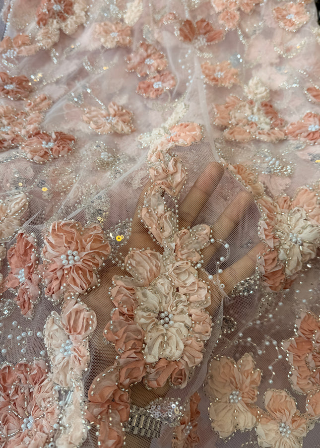 Heavy Fluffy Light Peach Beaded Lace