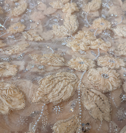 Heavy Fluffy Light Beige Beaded Lace