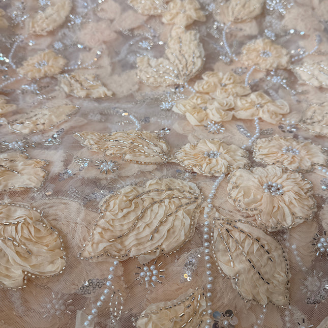 Heavy Fluffy Light Beige Beaded Lace